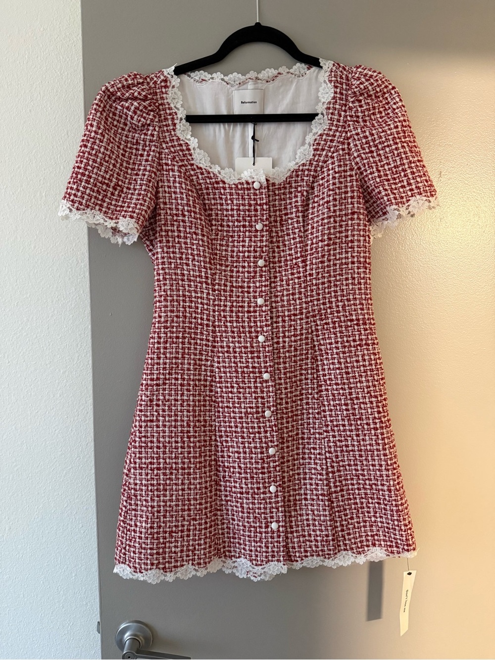 Red Tweed Button-Front Dress with Lace Trim